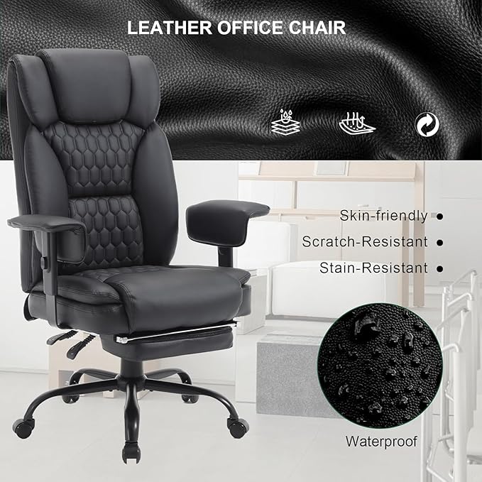 Reclining Office Chair with Footrest, 400Lb Big and Tall Office Chair with Lumbar Support, Pu Leather Recliner Office Desk Chairs with Wheels High Back Ergonomic Computer Desk Chair for Adult,Black