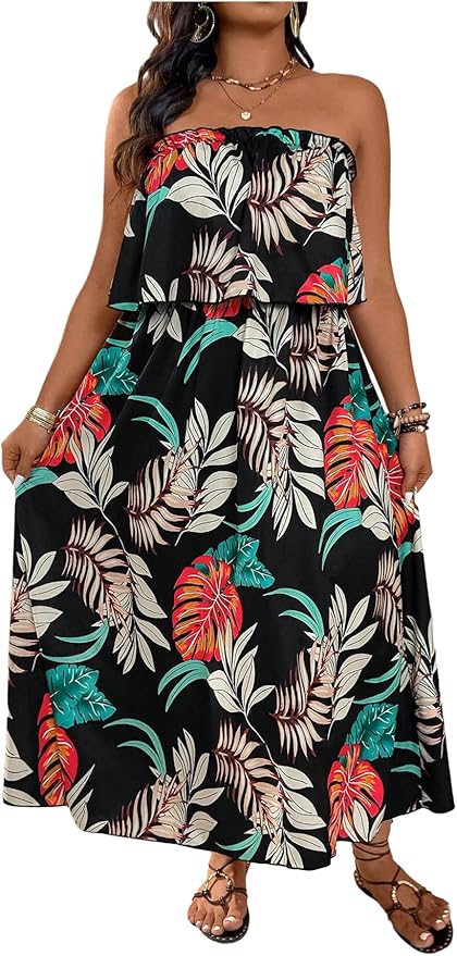 Verdusa Women's Plus Size Tropical Strapless Tube Dress Ruffle Layered Maxi Dresses