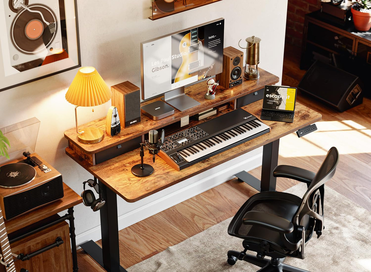 BANTI 48x24 Inch Electric Standing Desk with Dual Drawers, Height Adjustable Stand Up Table, Sit Stand Home Office Desk with Storage Shelf, Black Frame/Rustic Brown Top