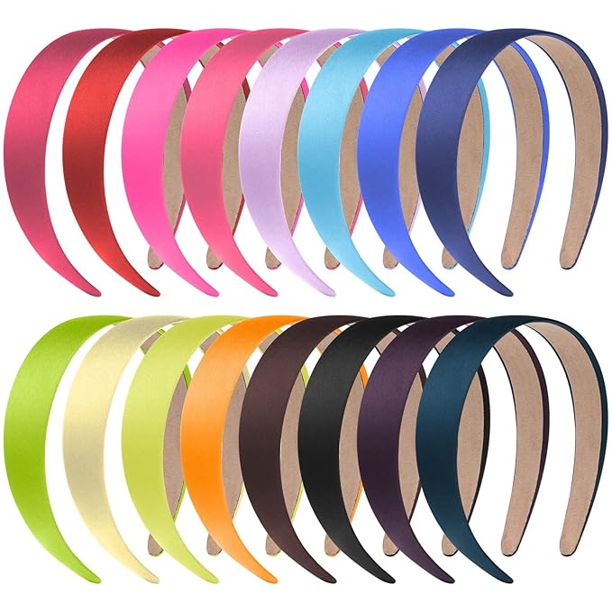 anezus 16 Pcs Satin Headbands Bulk 1 Inch Anti-slip Ribbon Hair Bands Plain Hard Headbands for Women Girls DIY Craft Hair ...