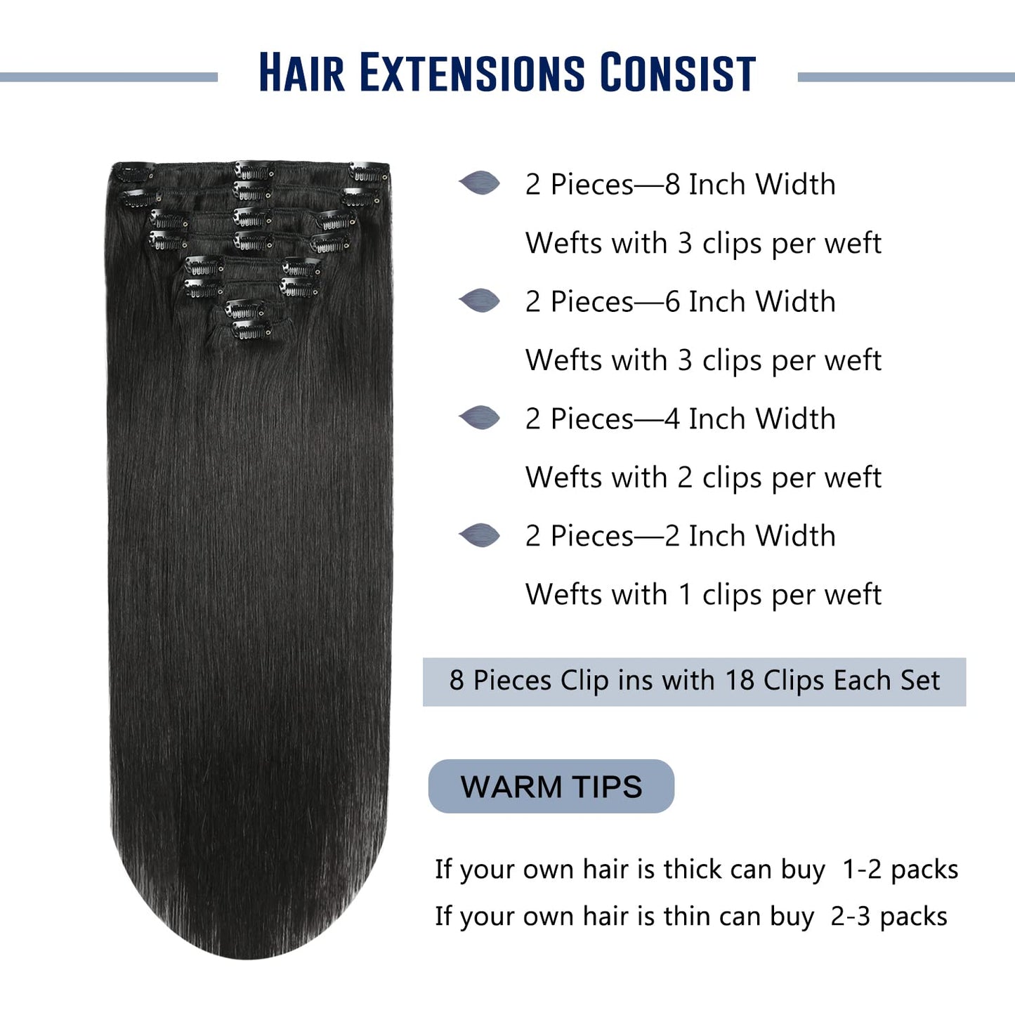 Sunya Real Human Hair Clip in Extensions - Jet Black, Double Weft, Straight, 20 Inch #1 - 8 Pcs/120g
