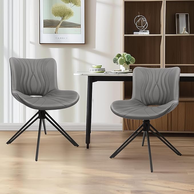 VATROS Dining Chairs Set of 2, 360° Swivel Upholstered Mid-Century Modern Kitchen Dining Room Chairs, Armless Faux Leather Accent Side Chair with Padded Back, Metal Legs for Living Room Bedrooms,Grey
