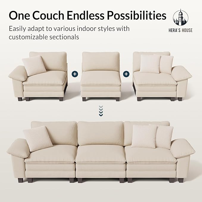 HERA'S HOUSE 88" Modular Sectional Sofa, L Shaped Couches for Living Room, Comfy Cloud Couch with Ottoman, 3-Seater Deep Seat Sofa with Throw Pillow, Chenille Beige