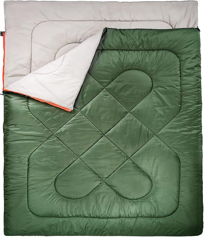 Amazon Basics 40°F Cool Weather Two-Person Sleeping Bag, 87 Inches x 59 Inches, Olive Green