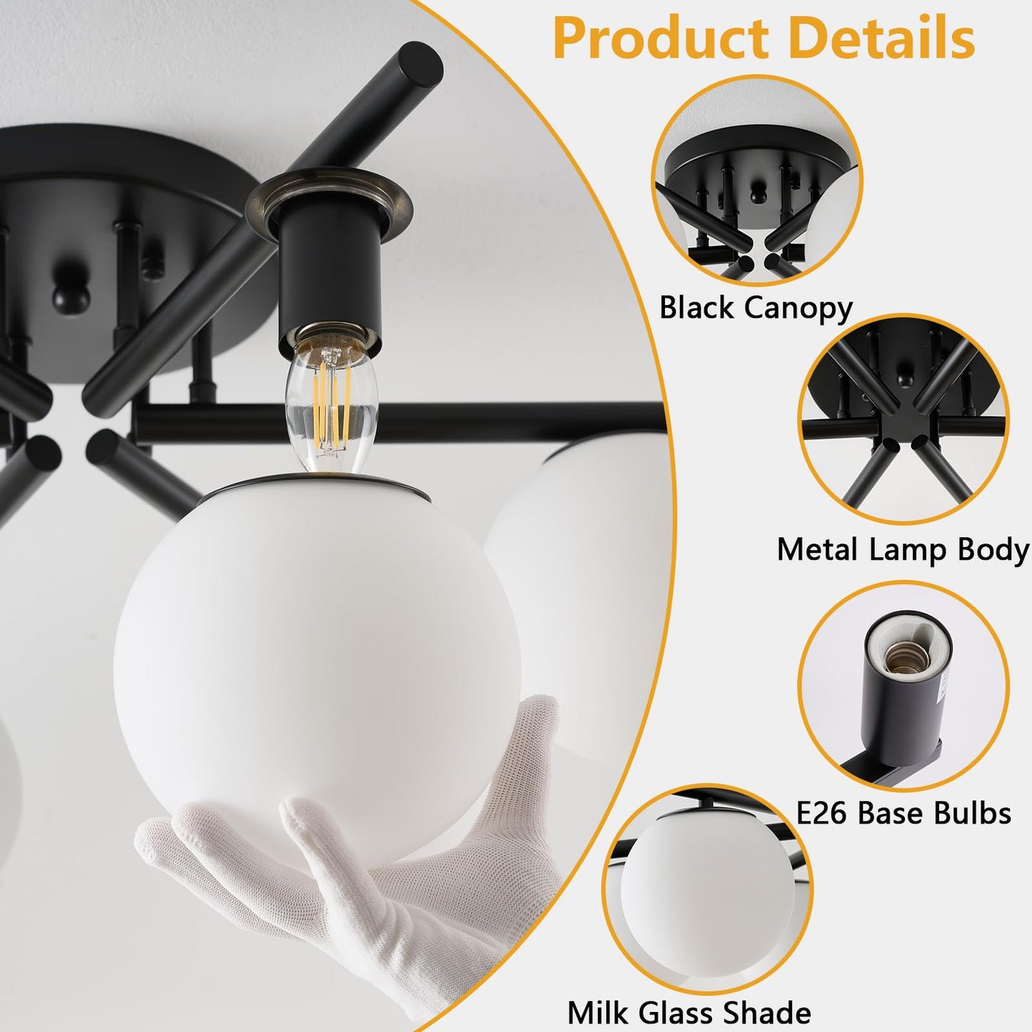 Bsyormak Sputnik Semi Flush Mount Ceiling Light, 6 Globe Lights Sputnik Ceiling Light Fixture, Milk Glass Globe Chandelier for Dining Room, Black Mid Century Modern Chandelier for Living Room, Hallway