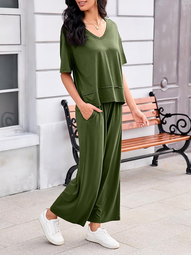 Tankaneo Womens 2 Piece Sets Casual Tracksuits Short Sleeve Tops Wide Leg Pants Outfits Lounge Sets