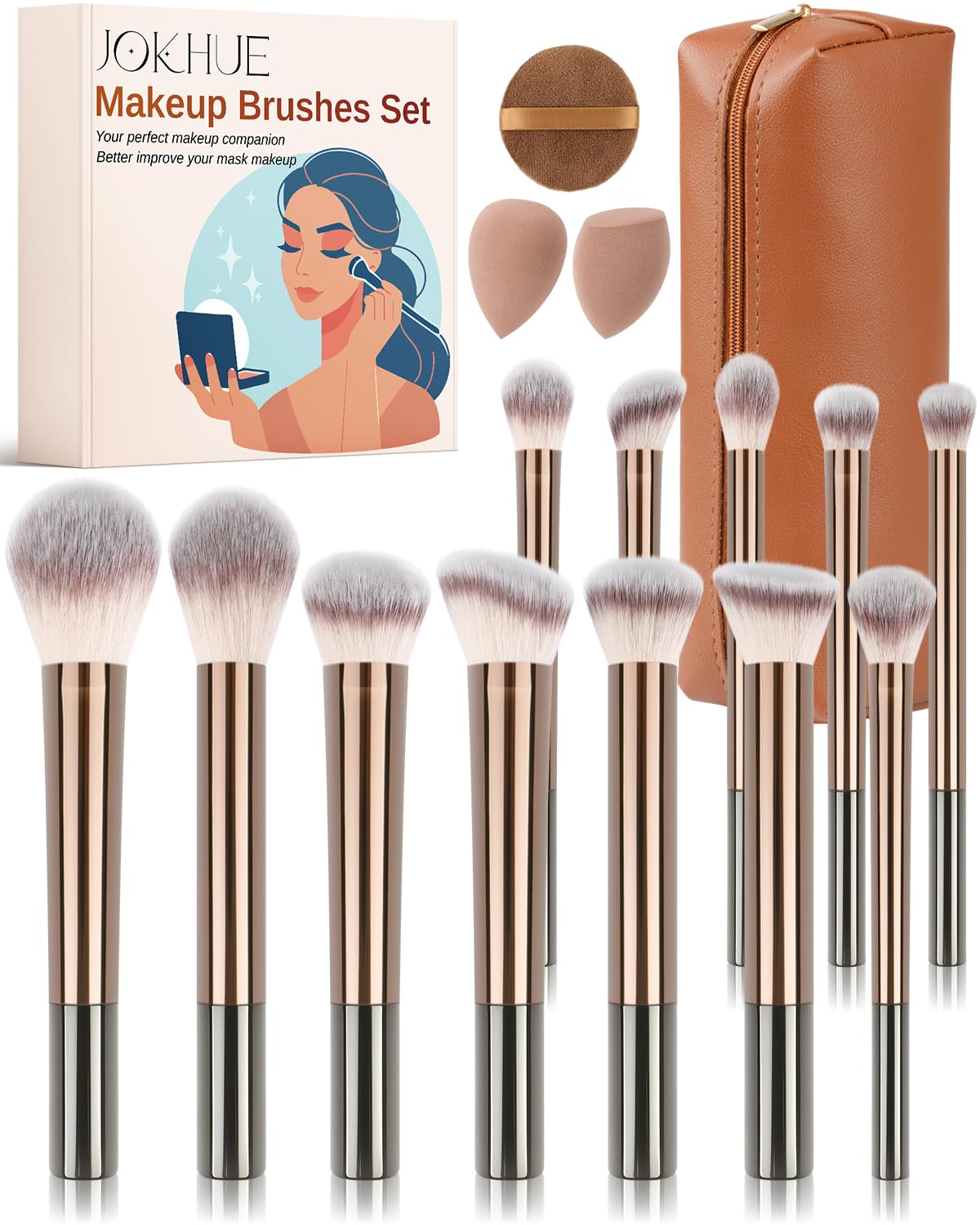 JOKHUE Makeup Brushes Set, 12 Pcs Multi-functional Cosmetic Brushes Tools Kit With 3 Makeup Sponges and Storage Bag, Soft Bristl