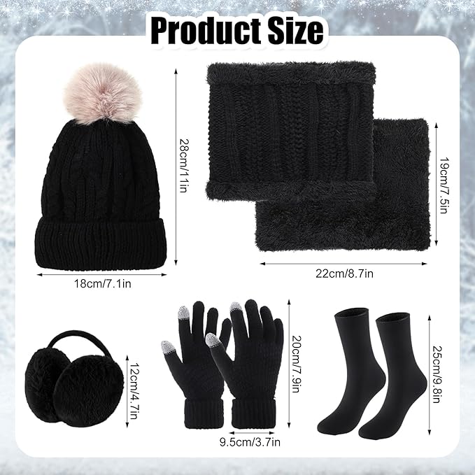 SATINIOR 5 Pcs Winter Hat Scarf Gloves Set Fleece Warm Lined Knit Beanie Hat Touch Screen Earmuff Gloves Warmer for Women(Black,Fresh Style)