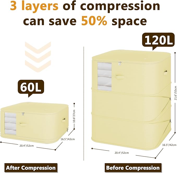 5-piece compressed clothes storage bags, foldable wardrobe storage bags, large-capacity with handles, suitable for sweaters, bed sheets, blankets, down quilts, pillows, toys, etc.（cream）