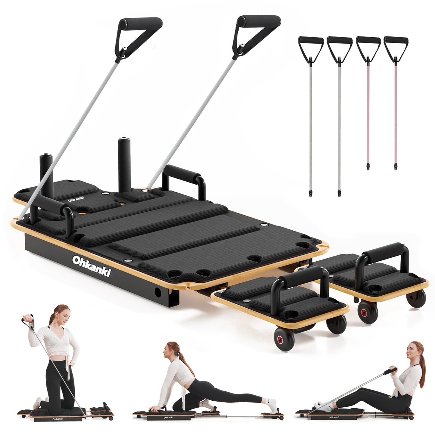 Pilates Reformer Board for Home Workout, 5-in-1 Pilates Equipment , Maple Wood Deck & High-Strength Steel Rails, Adjustable 20 lbs & 25 lbs Resistance Bands, Core & Full-Body Training