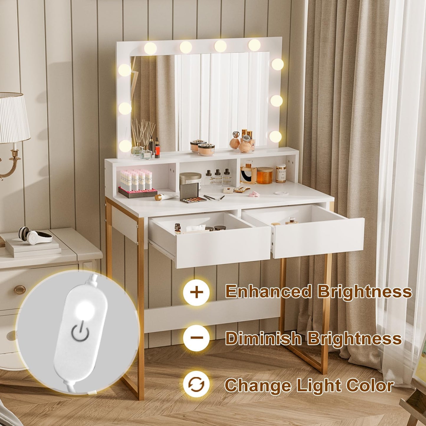 HedoAjim Small Vanity Desk with Lights and Mirror,3 Lighting Colors with Adjustable Brightness, Makeup Dressing Table with 2 Drawers for Women Girls in Bedroom,Wooden & Iron Frame (Gold)