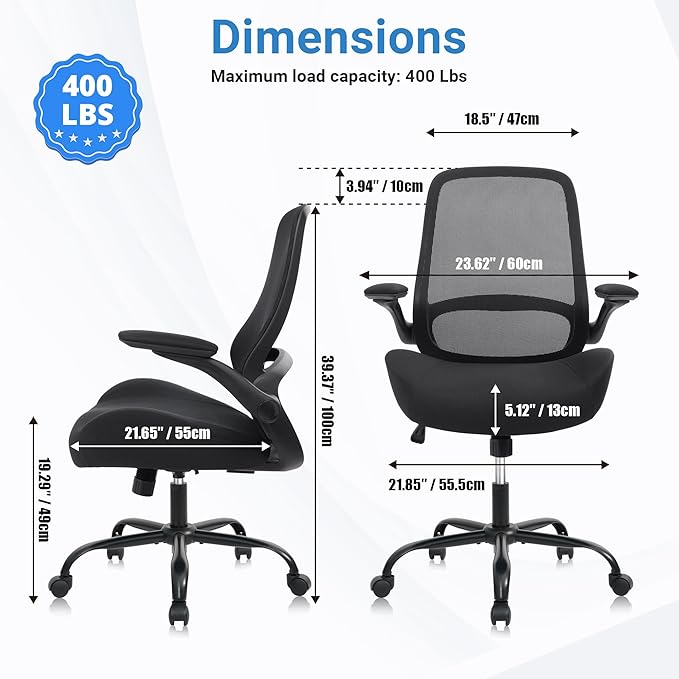 HYLONE Office Chair, Heavy Duty Ergonomic Desk Chair with Adjustable Armrests, 5" Thickened Seat Home Office Computer Chairs for Long Hours Mesh Executive Chair(Black)