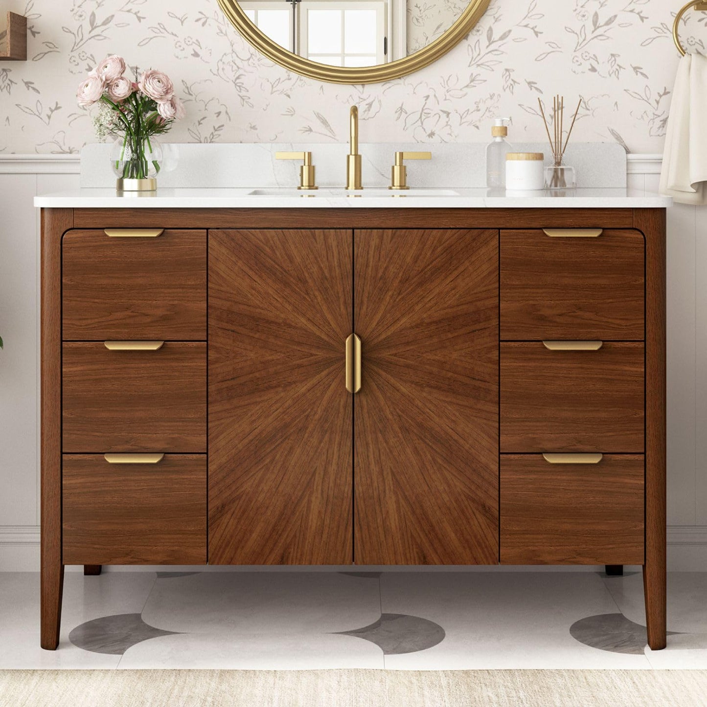 DELUXE LIVING 48 Inch Walnut Bathroom Vanity with Sink, Fully Assembled Solid Wood Bathroom Vanities with Soft Close Parquet Doors, Full Extension Dovetail Drawers, Calacatta Quartz Top & Backsplash