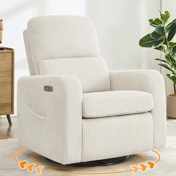 AEMEIOS Swivel Rocker Recliner, Oversized Power Recliner Glider with Removable Cushion, Upholstered Swivel Reclining Nursery Chairs for Living Room Bedroom, Corduroy White