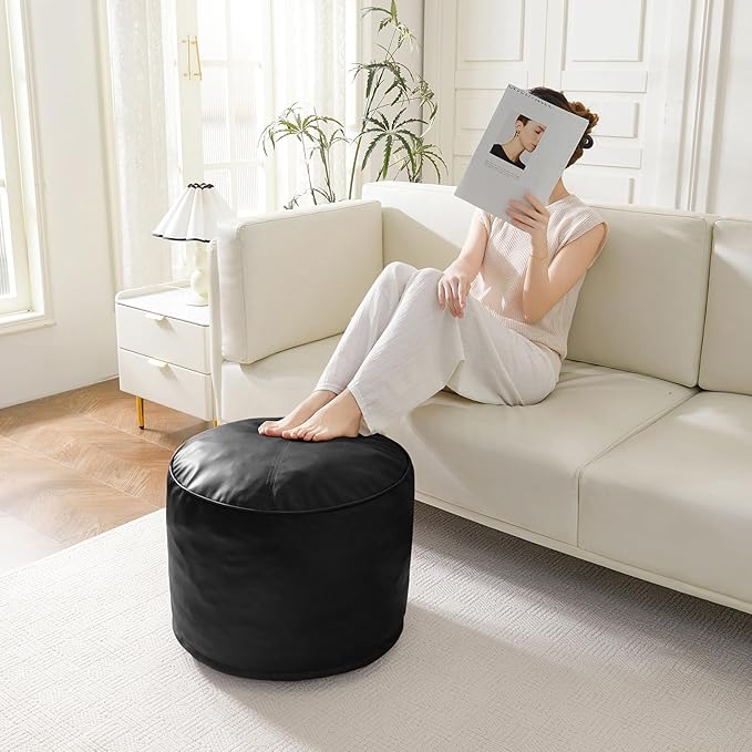 HIGOGOGO Round Stuffed Pouf Ottoman, Pu Leather Poufs with Foam Chunk Filling, Furry and Fluffy Pouf Foot Stool Storage Ottoman, 26 X 18 Floor Poufs Foot Rest for Living Room, Black