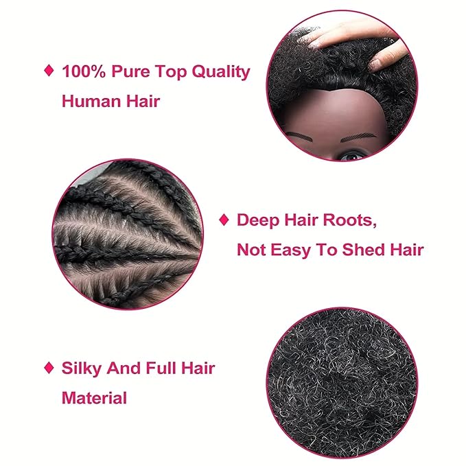 African Braiding Mannequin Head with 100% Human Hair, Cosmetology Mannequin Head with 8 Inch Afro Kinkys Curly Hair Training Manikin Doll Heads for Practice Braiding