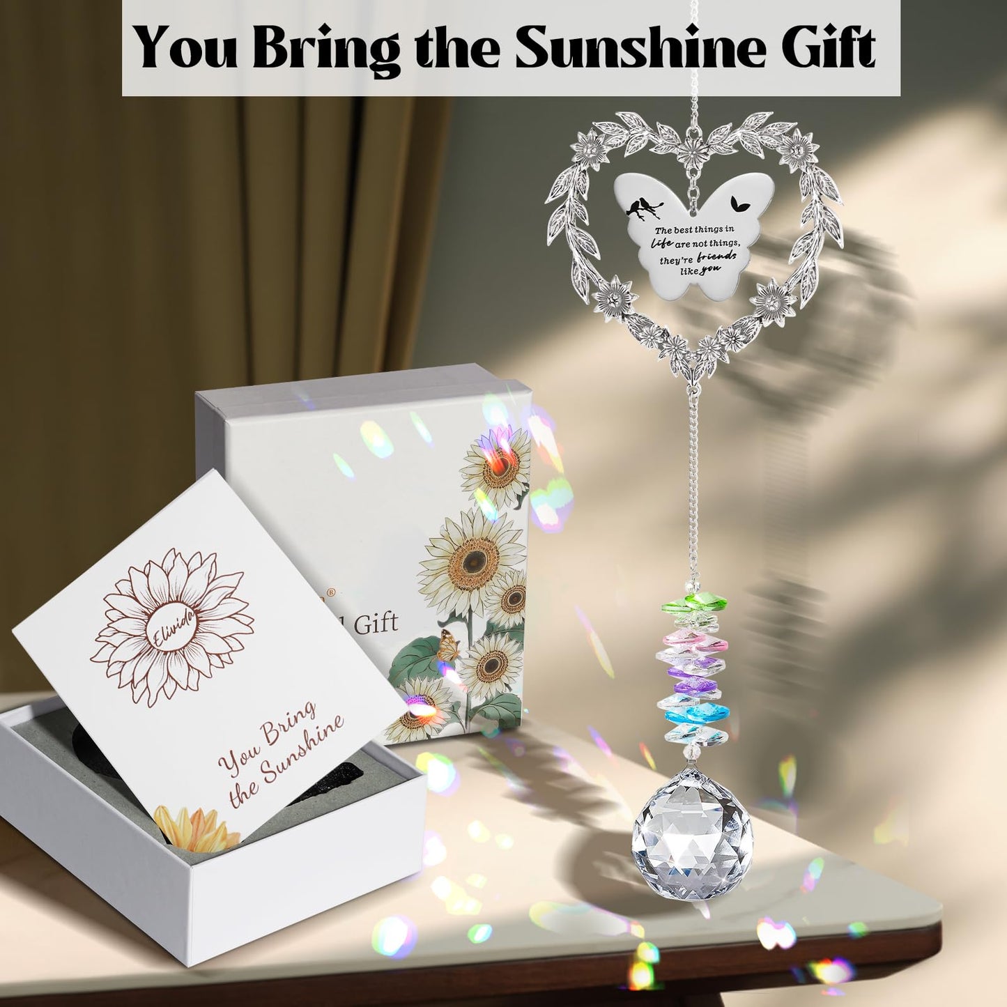 Elivida Friendship Gift Suncatcher, Best Friend Crystal Hanging Ornament for Window, Friend Birthday Gifts Unique Rainbow Maker, You Bring The Sunshine Farewell Graduation Gift for Bestie