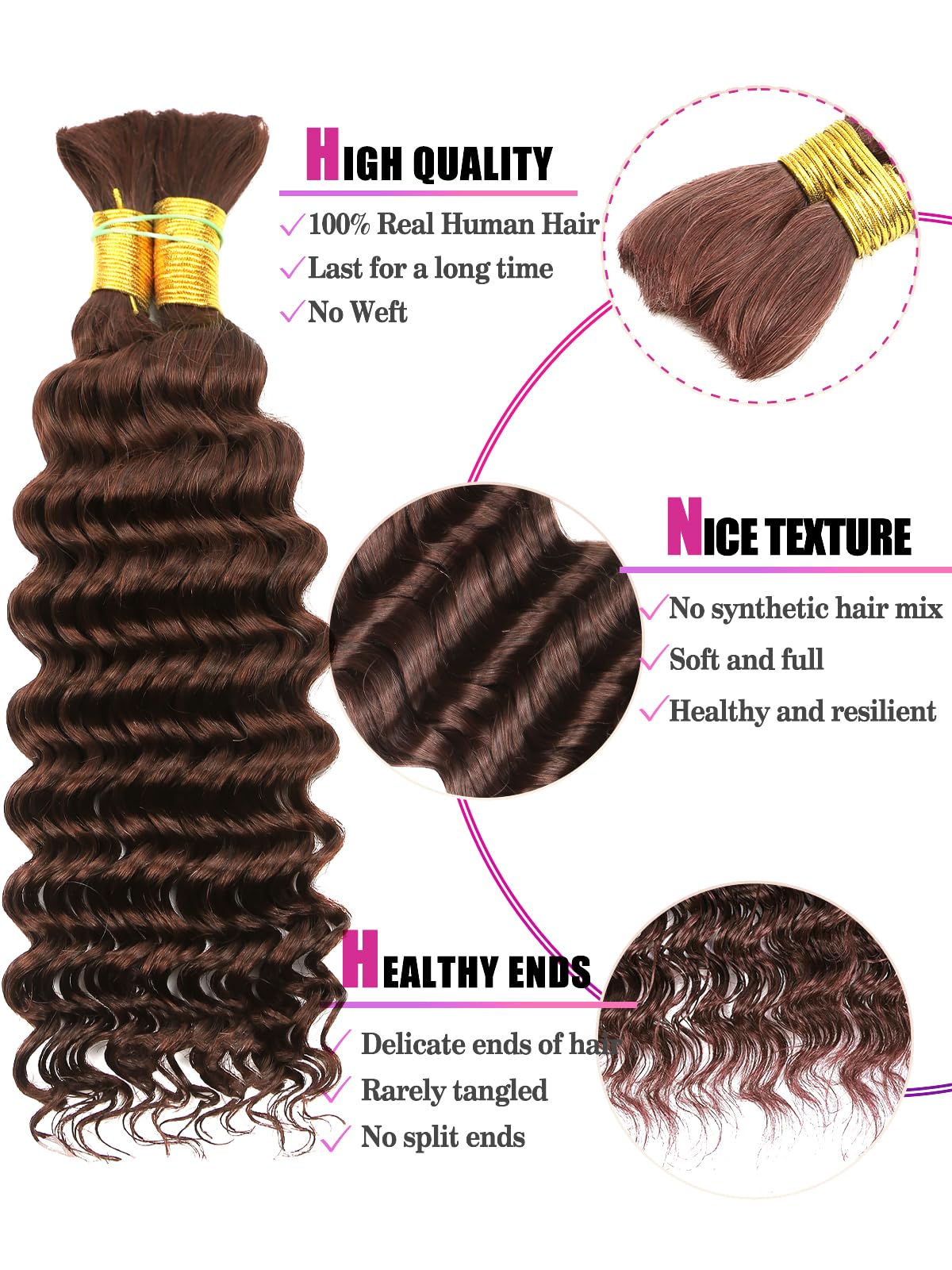 Chocolate Brown Human Braiding Hair Deep Wave Bulk Human Hair, 4# Color No Weft Curly Braiding Hair Extensions for Boho Braids W