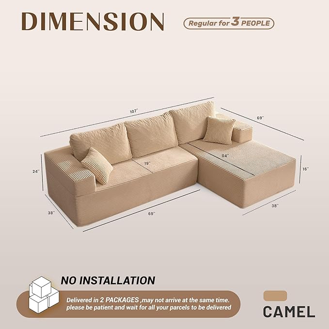 Afuson 107" Boneless Couch with Deep Seat, Modular Sectional Sofa, Cloud Sectional Couch for Living Room, No Assembly Required, Corduroy, L-Shape Right, Camel