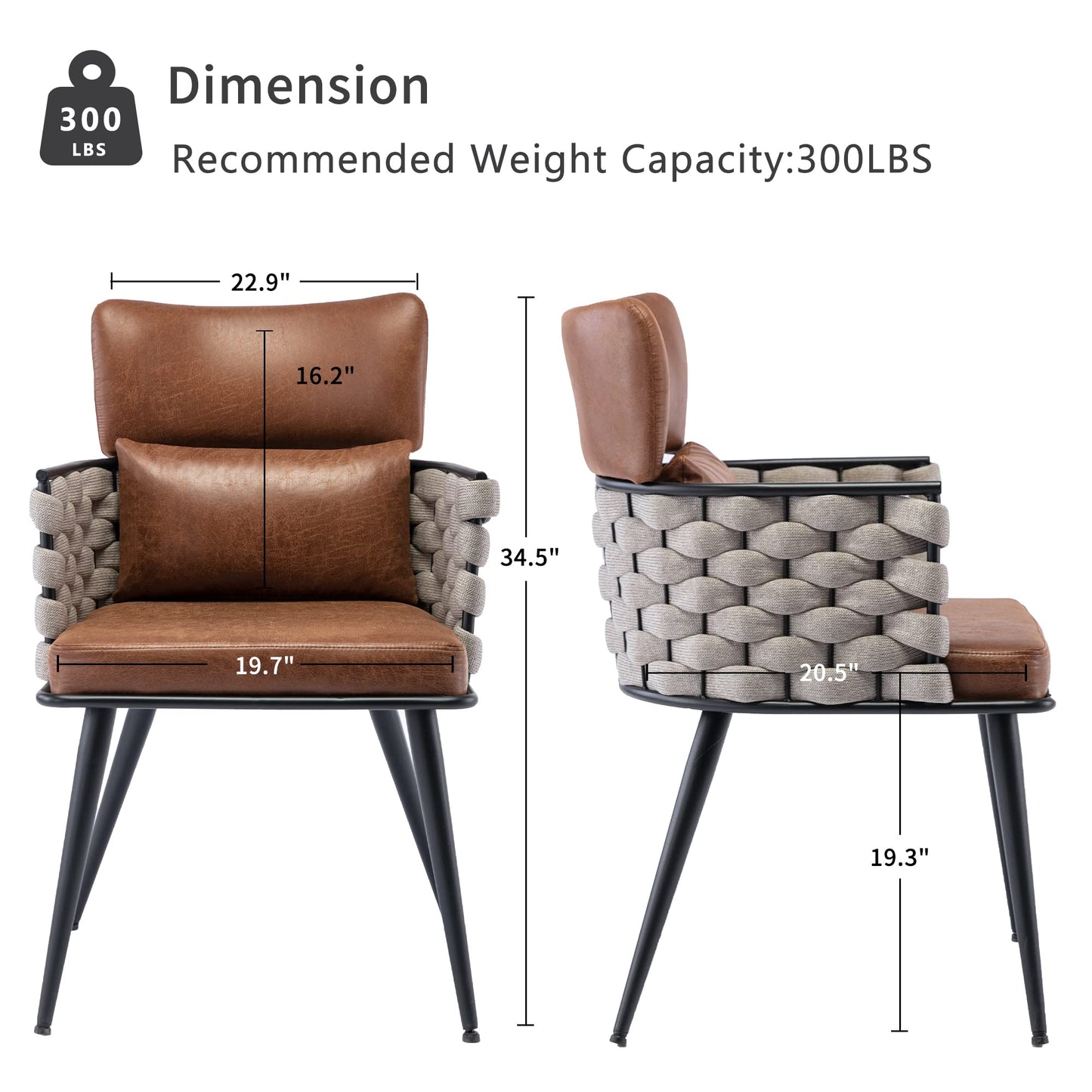 BFZ Dining Chairs Set of 2, Mid-Century Modern Dining Chairs with Metal Legs, Faux Leather Woven Kitchen Chairs for Kitchen, Living Room