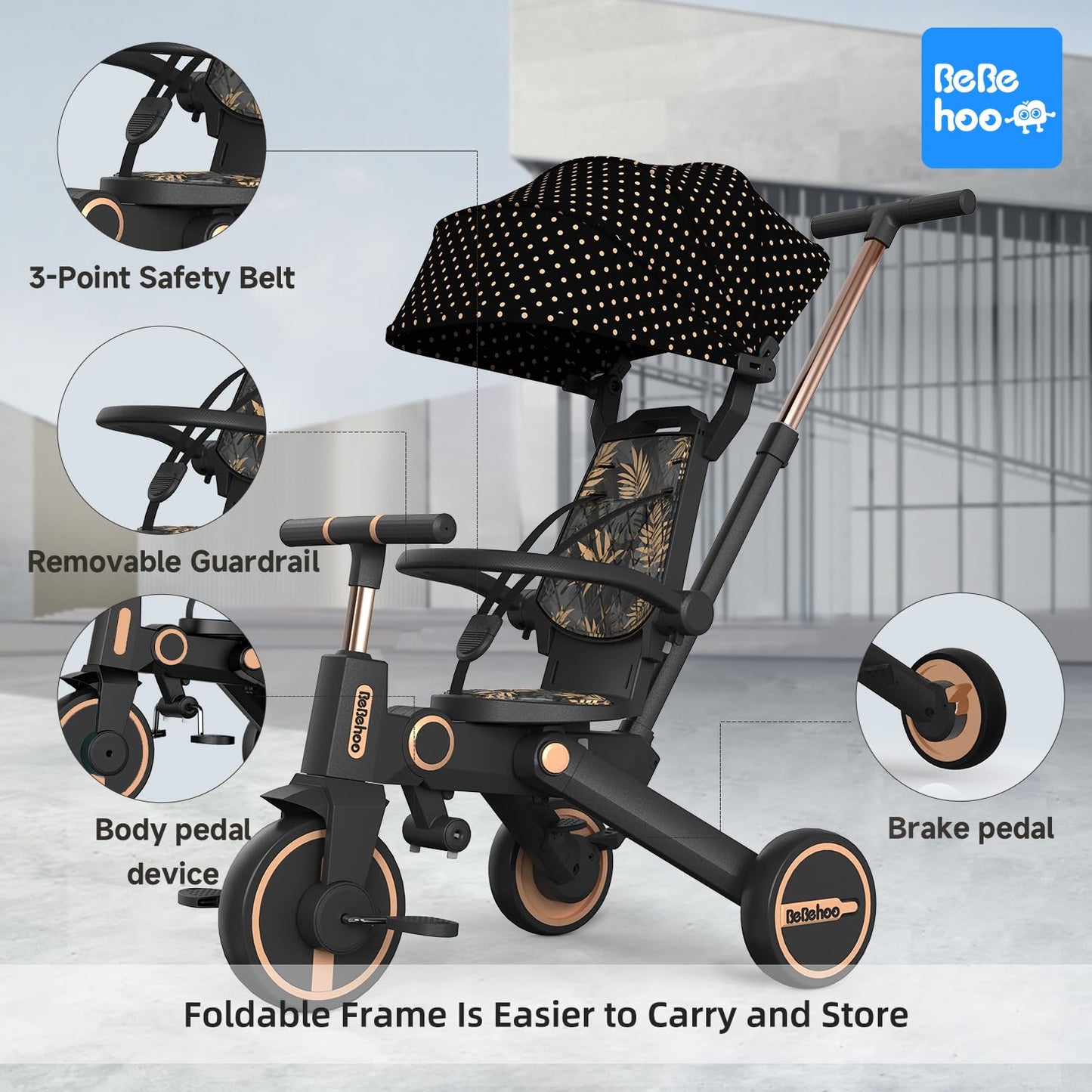 Bebehoo Tricycle Stroller for Toddler,Foldable Baby Tricycle,Kids Balance Bike with Push Handle,Toddlers Stroller Bike with 1 to 5 Years,7-in-1 Push Tricycle Bike for Kids(Gold)