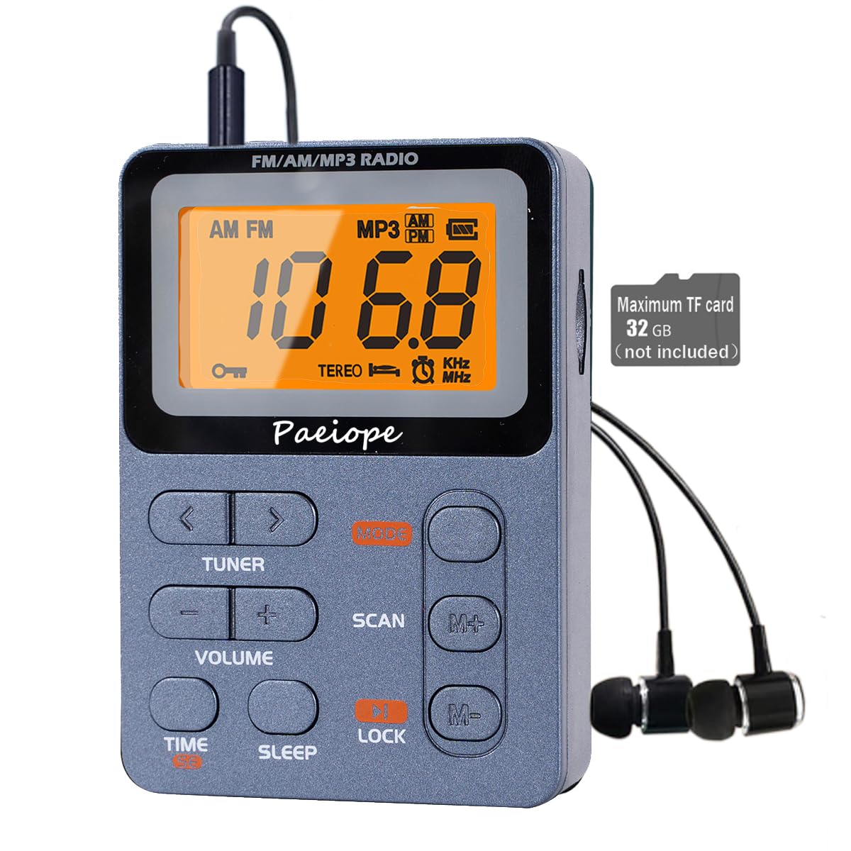 Paeiope Portable Radio Am Fm, Rechargeable Pocket Walkman With Best Reception Digital Tuning, Mp3, Stereo Earphone, Large Lcd Sc