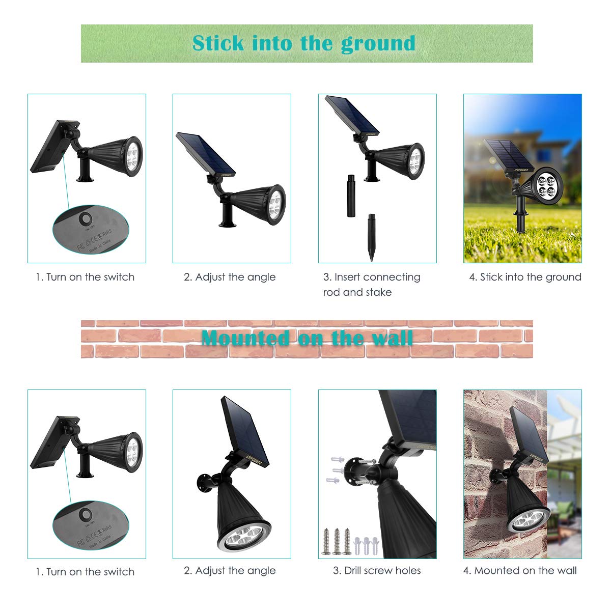 URPOWER Solar Lights Outdoor, 2-in-1 Waterproof Adjustable Solar Spotlights Outdoor Wall Light, Dusk-to-Dawn Solar Powered Landscape Lights for Backyard/Garden/Pathway/Pool/Porch (4Pack, Cool White)