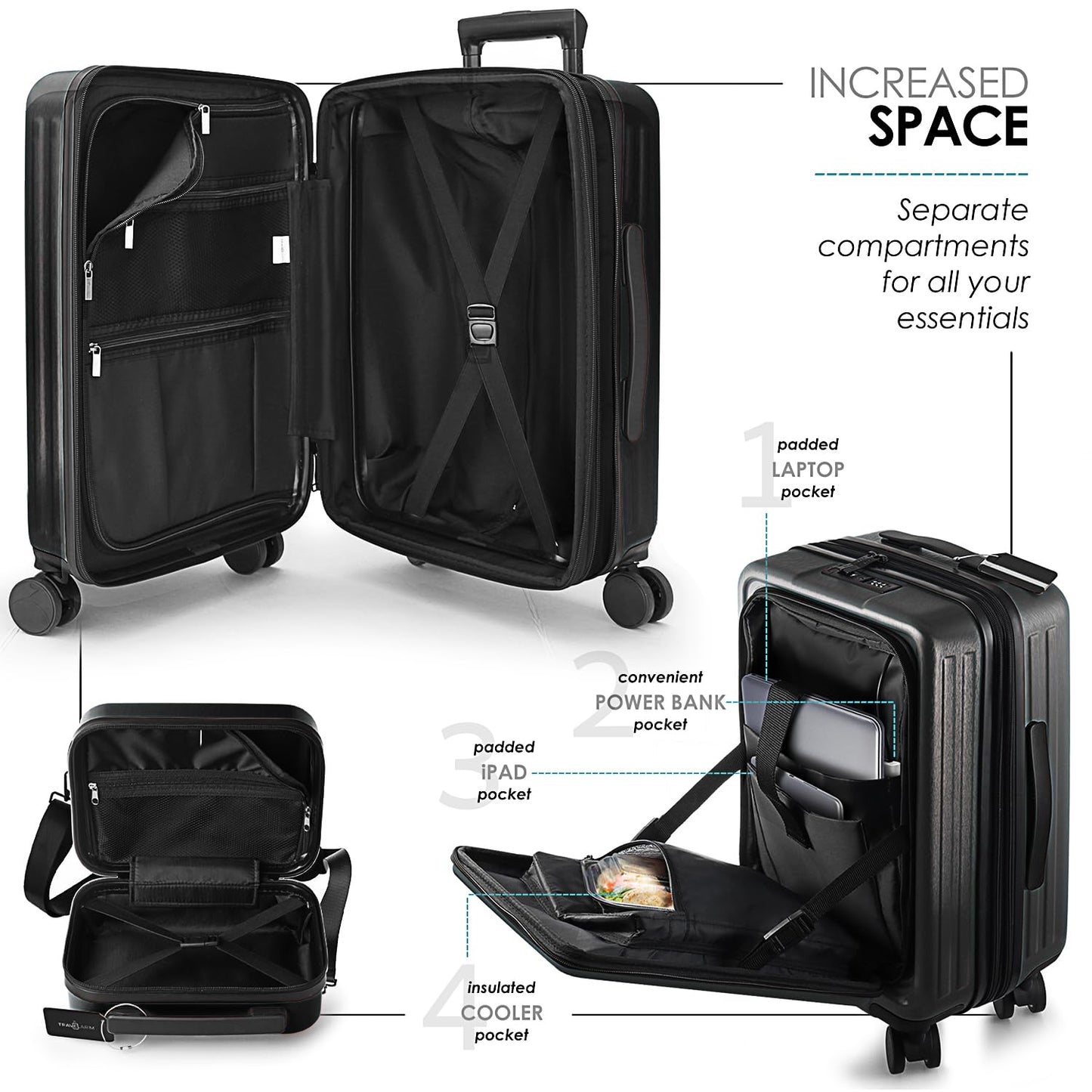 TRAVELARIM Hard Shell Luggage Sets with Spinner Wheels 4 Piece, Expandable Large Suitcases with TSA Lock, Travel Large Suitcase Set, Black Luggage Set