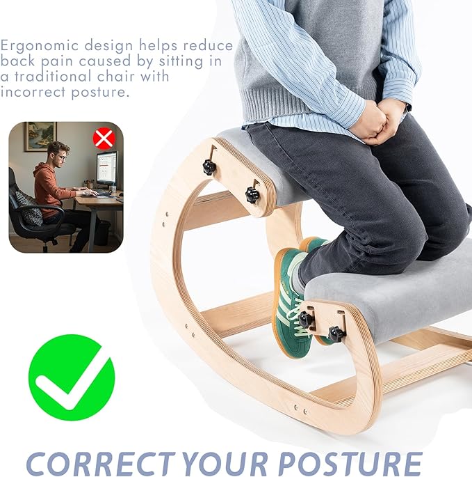 VDNEND Ergonomic Office Kneeling Chair,Wooden Posture Knee Desk Chair for Work,Yoga Rocking Chairs for Relieve Back Pain,Kneel Adjustable Chair for Gaming,Home