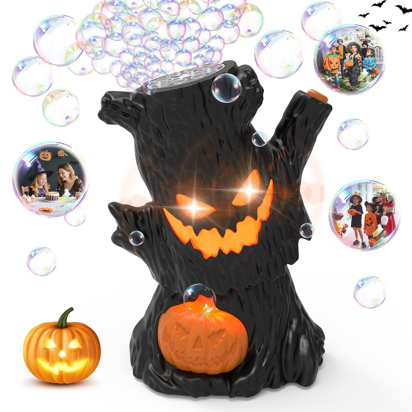 Halloween Bubble Machine, Haunted Stump Bubble Blower, USB Rechargeable, Wobbly Head Fun, Glow Eyes - Halloween Decorations Tree Toys Gifts for Kids, Boys, Girls