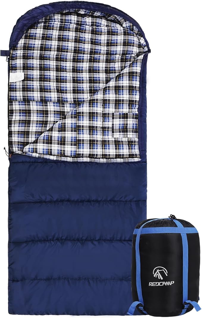 REDCAMP Flannel Sleeping Bag for Adults, Comfortable Cotton Sleeping Bags for Camping with Detachable Hood, Red/Grey/Blue/...