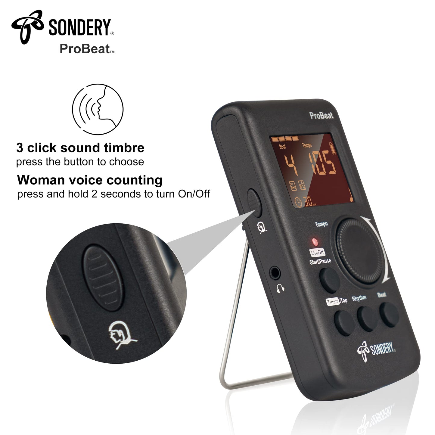 Sondery Digital Metronome Rechargeable English Vocal Counting with Timer Function for Piano Guitar Drum and All Instruments