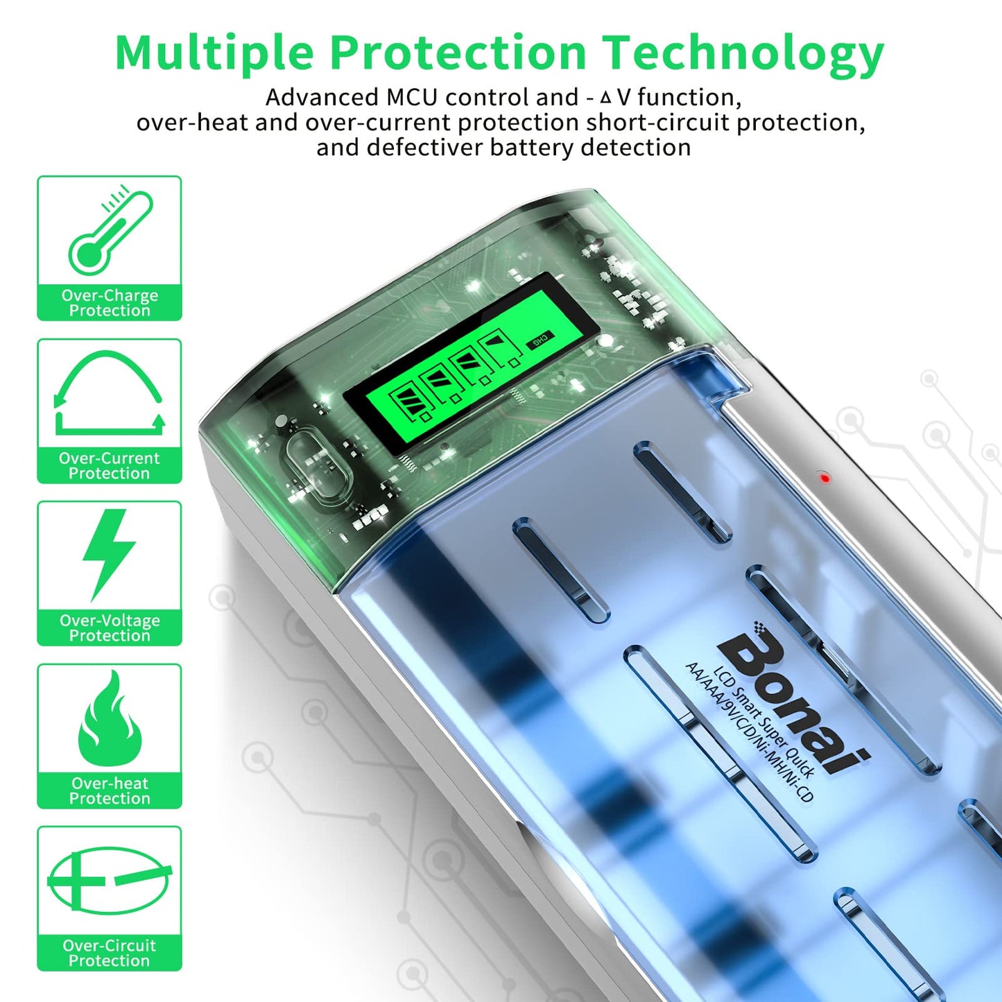 Bonai Lcd Battery Charger For C D Aa Aaa Nimh Nicd & 9V Lithium Rechargeable Batteries With Discharge Function And Ac Plug Fast