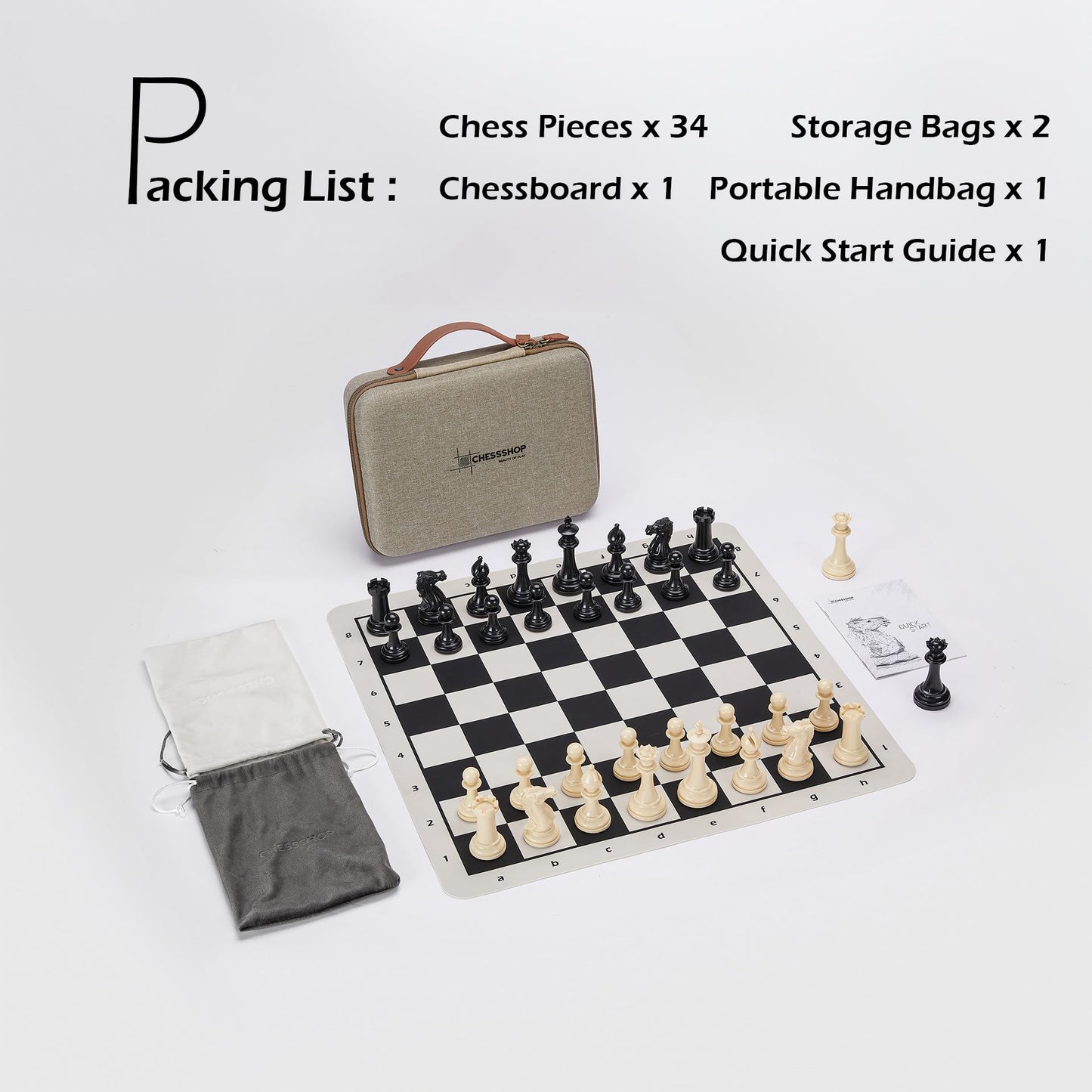 Conqueror Tournament Travel Chess Set 18''x18'' Foldable Silicone Chess Board / 3.5'' King Height Plastic Double Weighted Classic Staunton (Black and White Chessboard)