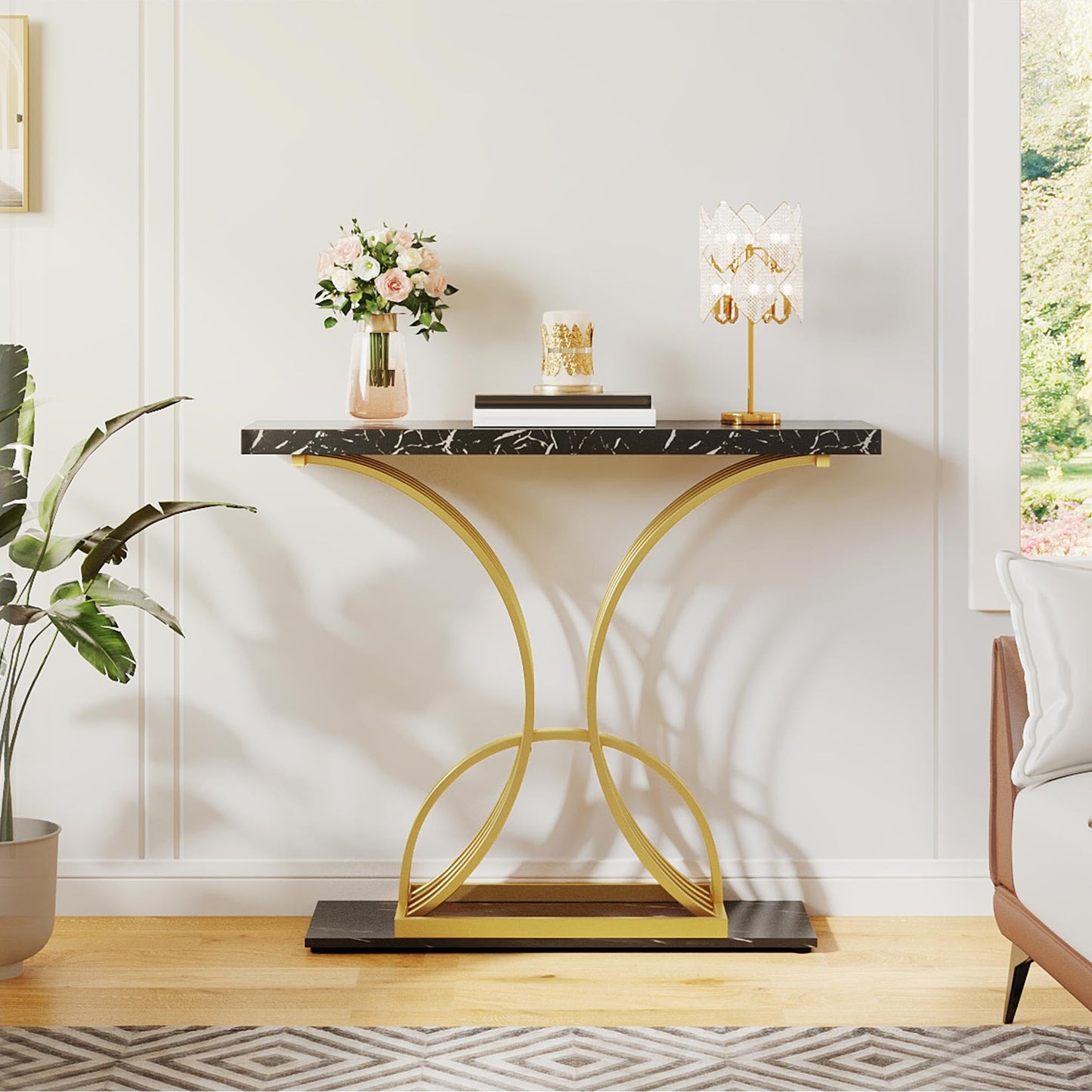 YITAHOME Gold Console Table, Modern Sofa Table for Living Room, Hallway, 40 inch Narrow Entryway Table, Faux Marble Black