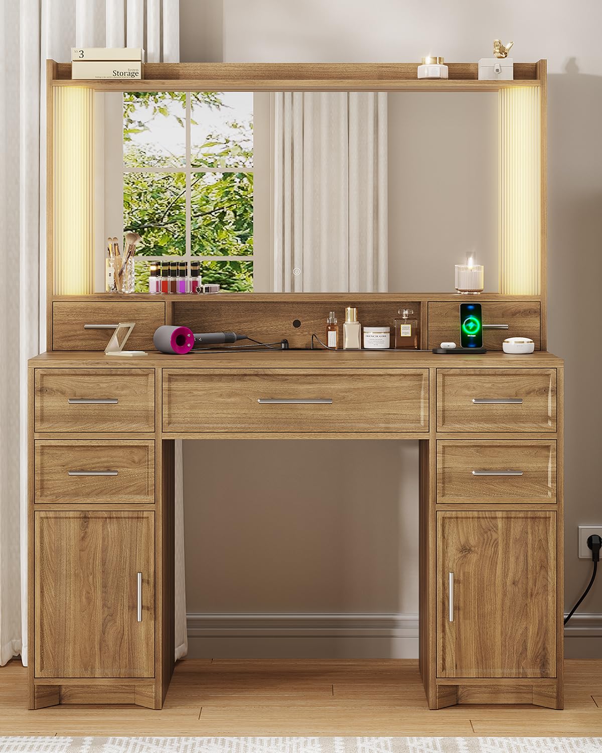 AOGLLATI Vanity Desk with Mirror and Lights, Makeup Vanity Desk with Lights, Large Mirror with Charging Station and 3 Color Lightbox, White Vanity Table with 7 Drawers for Bedroom, Brown