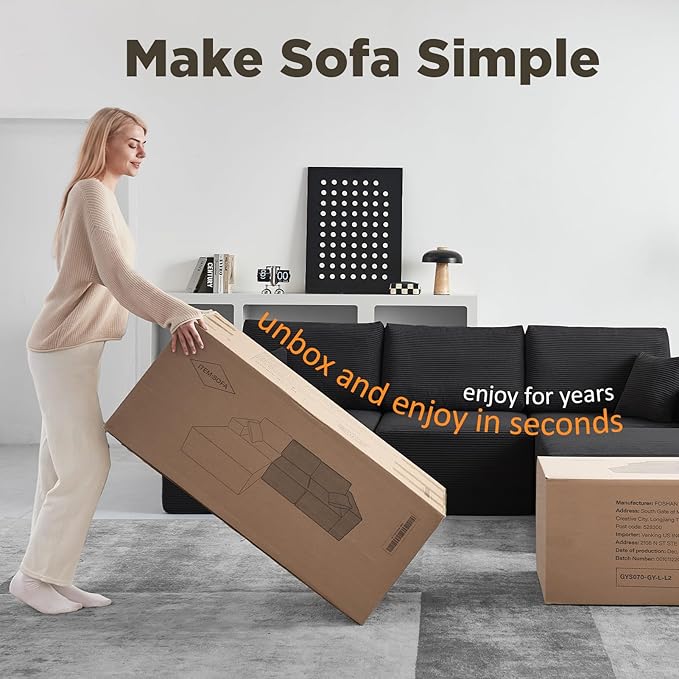 INGEROOM 108" Cloud Sectional Couch with Chaise, Modular L-Shaped Sofa, Deep Seat Comfy Corduroy Memory Foam Couch for Apartments, Dorms or Small Space, No Assembly Required, Black