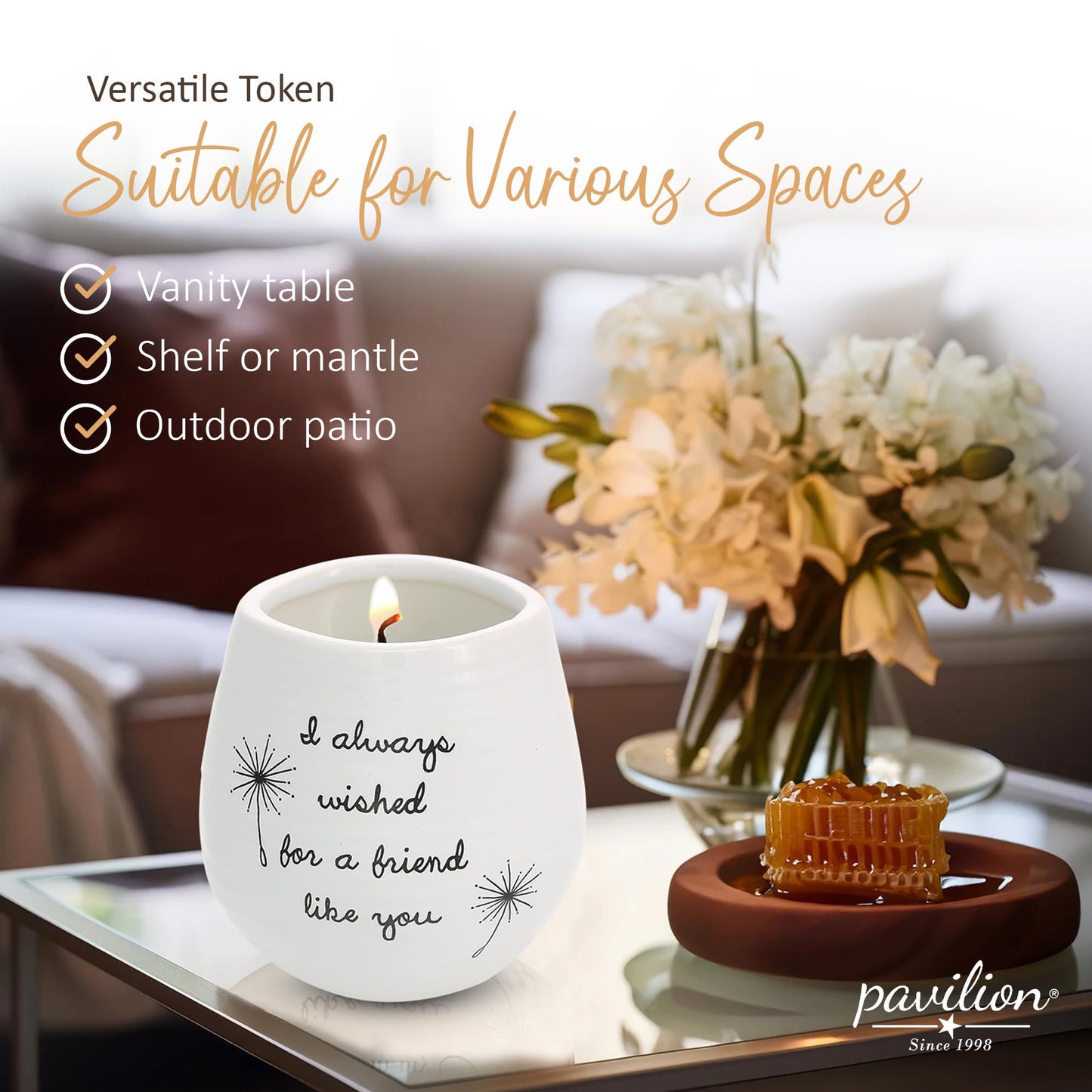 Pavilion - 8 Oz Candle Holder - White Ceramic Candle Jar with 100% Soy Wax Candle Cotton Scent "I Always Wished For A Friend Like You" Ideal Gift for a Friend - Printed Text, Love Theme & Oval Shape