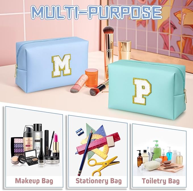 TOPEAST Initial Makeup Bags for Women, Cute Makeup Pouch, Waterproof Travel Toiletry Bag, Personalized Gifts for Girlfriend Wife on Valentine's Day Anniversary, Preppy Stuff Gift for Girl (Sky Blue W)