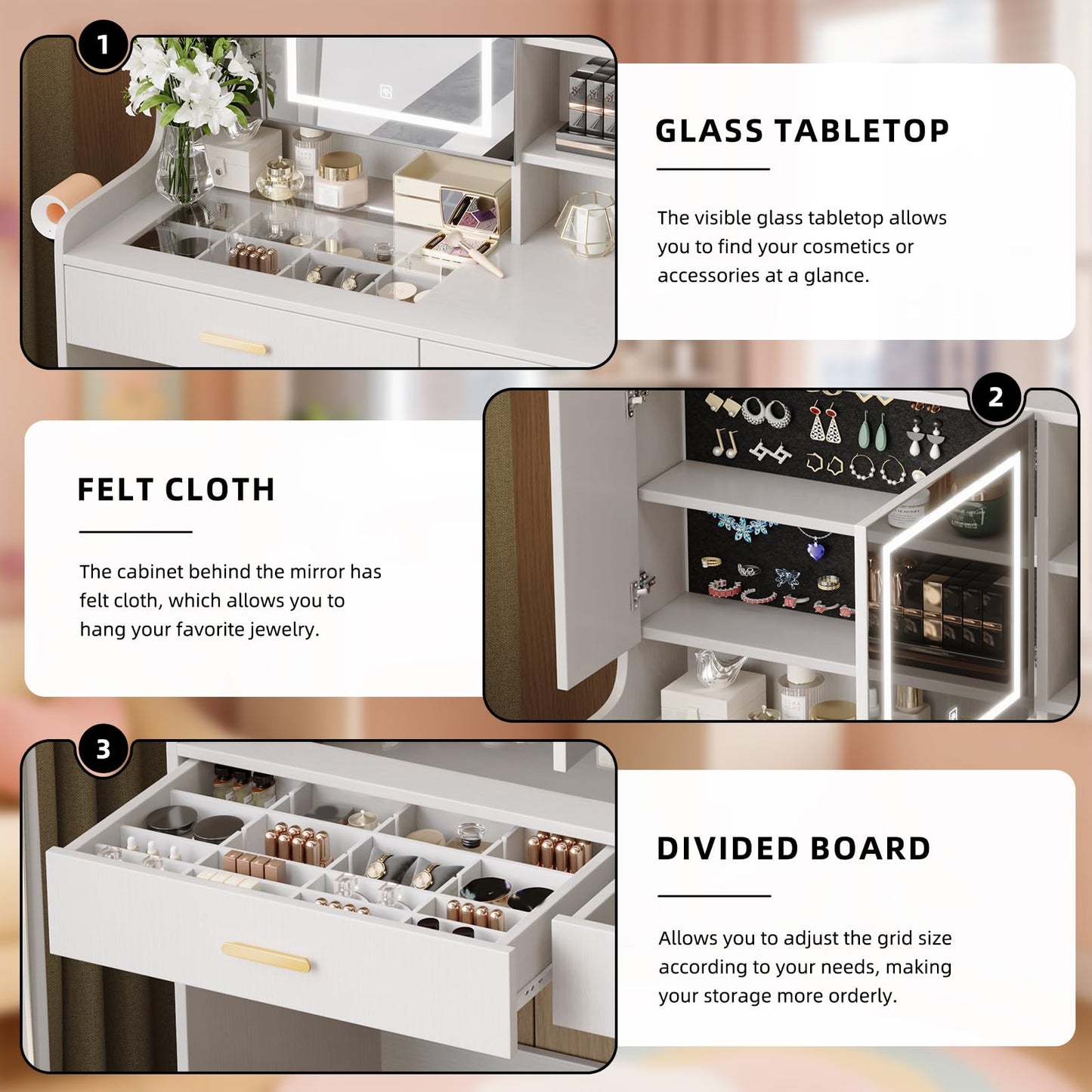 KATYGLORY Vanity Desk with Mirror and Adjustable LED Lights Makeup Vanity Table for Bedroom with Glass Tabletop Power Outlet Storage Bag 3 Drawers 1 Cabinet and 6 Storage Shelve,White