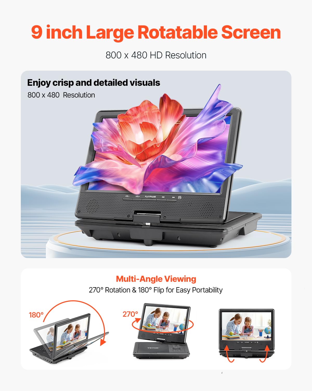 Vevor Portable Dvd Player, 9 Inch Hd Swivel Display Screen, 4 Hours Built-In Rechargeable Battery, Dual Speakers, Support Sync T