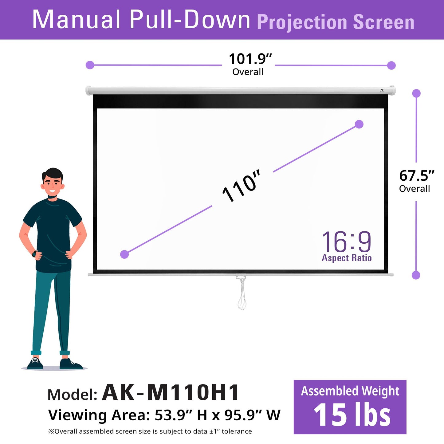 Akia Screens 110 Inch Manual Pull Down Projector Screen, 16:9 Retractable Projection Screen, 4K 8K HD Ready, Wall or Ceiling Mount, Auto-Locking Indoor Home Theater Screen, White Case (AK-M110H1)
