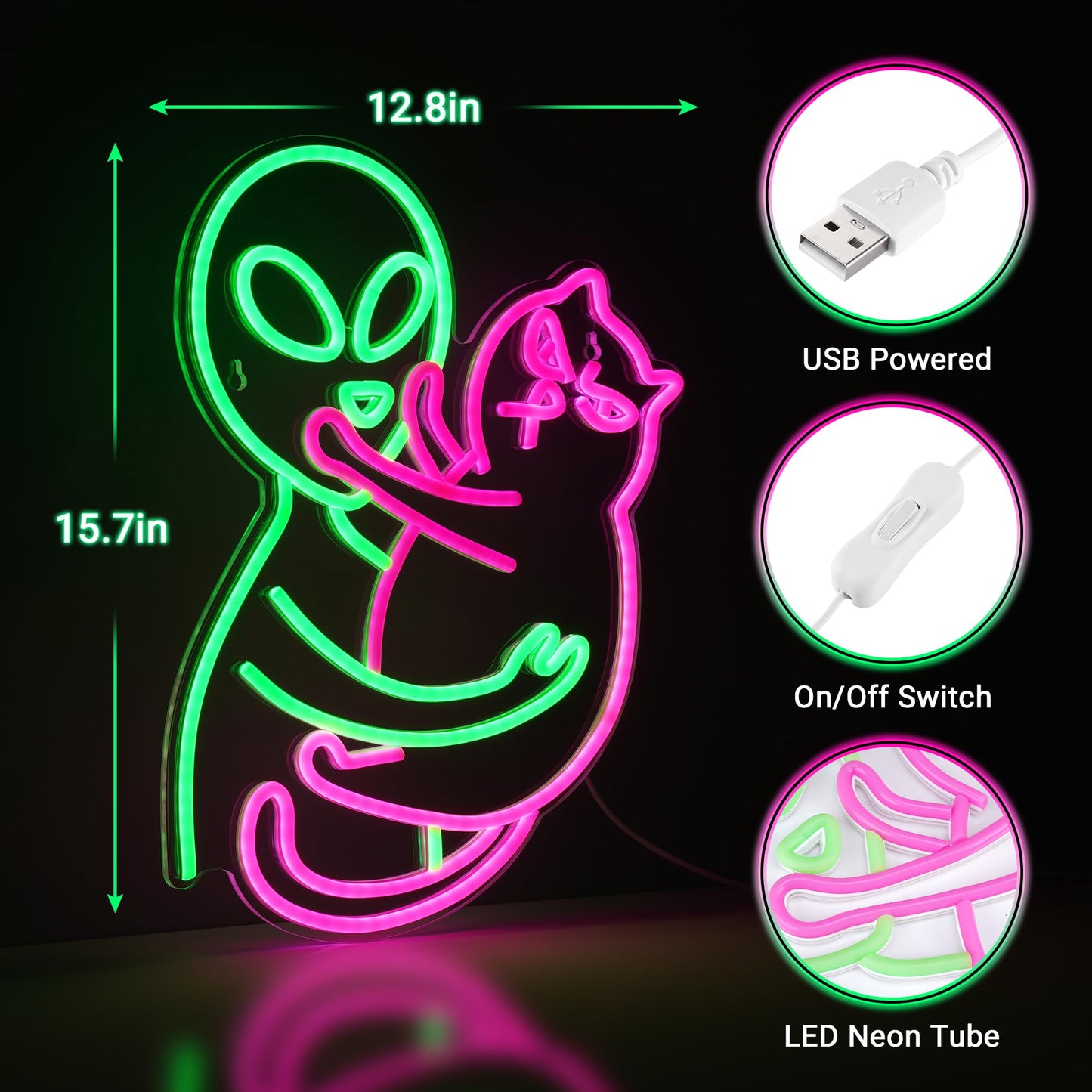 Kavaas Alien Cat Neon Sign, Green Alien Petting Cat LED Light for Game Room, Party, Bar, Man Cave Decor | Alien Neon Light Wall decor - Best Gifts for Alien Fans, Teenage Boys, Kids