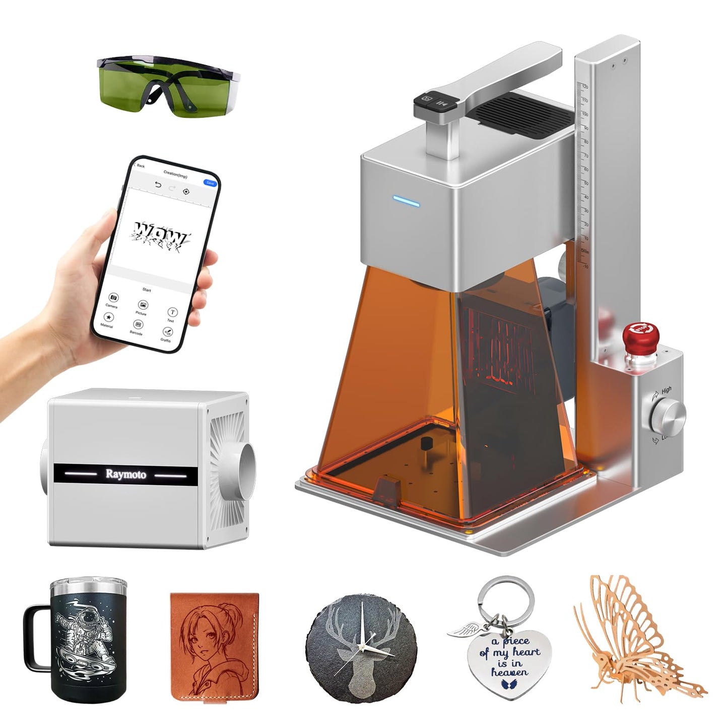 Raymoto R1 Laser Engraver 10W (10000mW), Portable Handheld Laser Engraving Machine and Purifier Set, 2000mm/s Lightning Speed Ultra HD Laser Engraving Machine for Wood Leather Acylic etc., Class 1