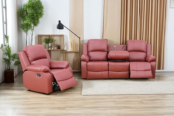 A Ainehome Living Room Furniture Set Leather Recliner Sofa Set Loveseat Chair Furniture Sofa Set for Living Room/Small Space/Rv/House/Office/Theater Seating (A-Red Leather, Sofa+Chairs)