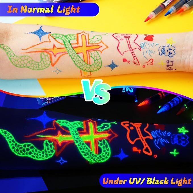 UV Neon Face Paint Markers 12 Colors, Glow in the Dark Body Paint under Black Light, Washable Temporary Tattoo Markers for Christmas Gifts Stocking Stuffers Glow Party Favors Halloween Makeup