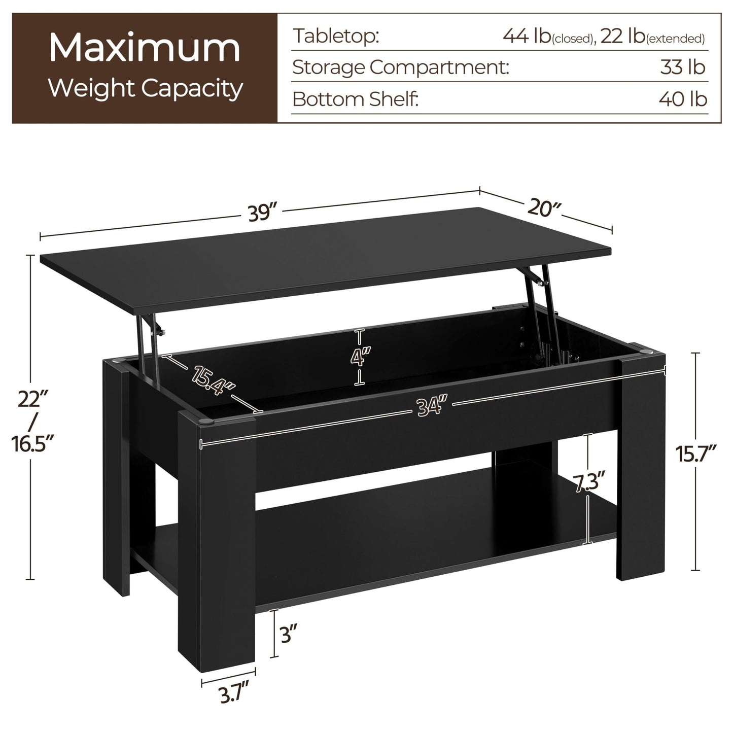 Yaheetech Wooden Coffee Table, Lift Top Coffee Table with Large Hidden Storage Shelf, Lift Tabletop Dining Tables for Living Room, Home Small Space, 38.6in, Black