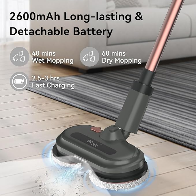 Cordless Electric Mop, Electric Floor Cleaner with Water Sprayer & LED Headlights, Up to 60 mins Lasting Time, Powerful Spin Mop with Extendable Tube, Self-Propelled, Floor Cleaning Solution included