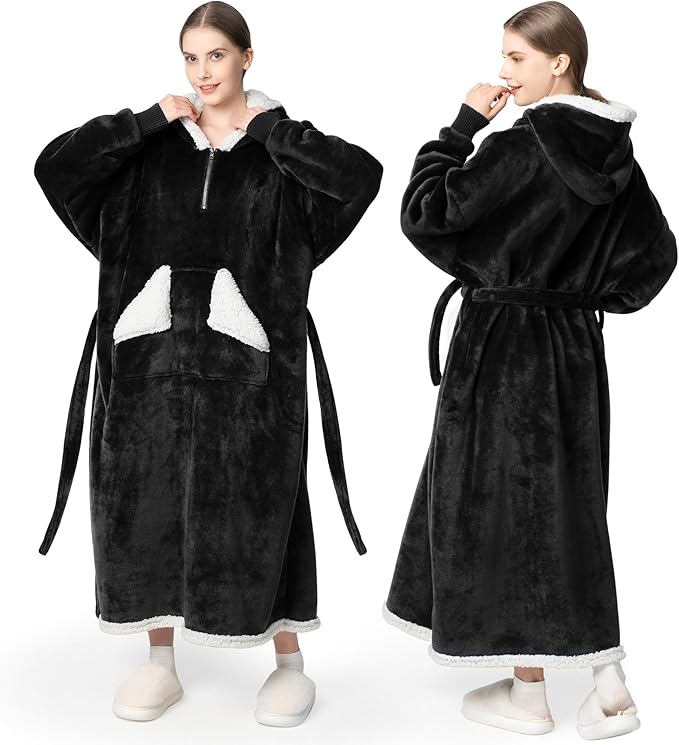 Wearable Blanket Hoodie as Gifts for Women, Long Sherpa Fleece Hooded Blankets with Oversize Hood and Pocket, Warm and Cozy Sweatshirt with Belt, Winter Gift