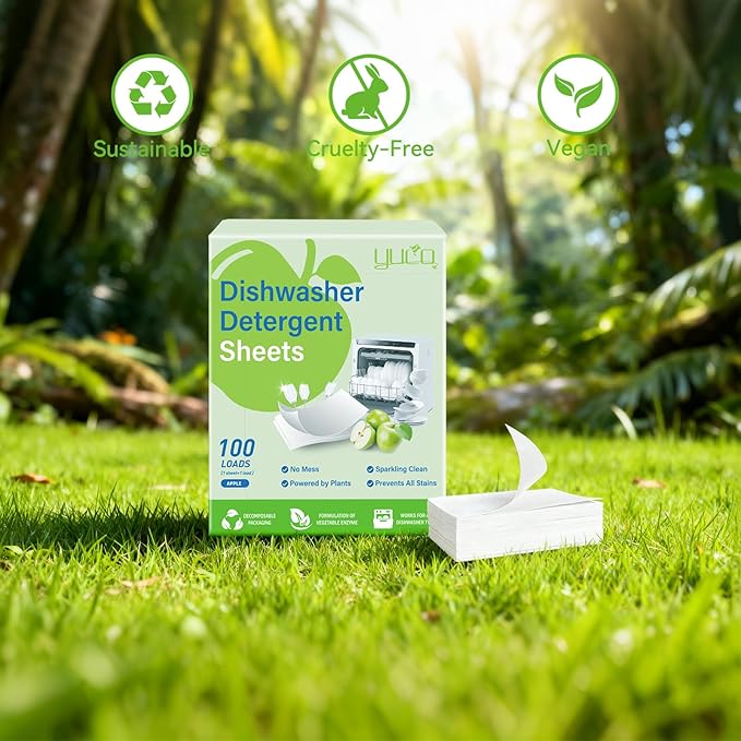 YCUO Dishwasher Detergent Sheets 100 Loads,Eco Friendly Dishwasher Detergent Plastic-Free Washer Sheets Alternative(Green Apple)